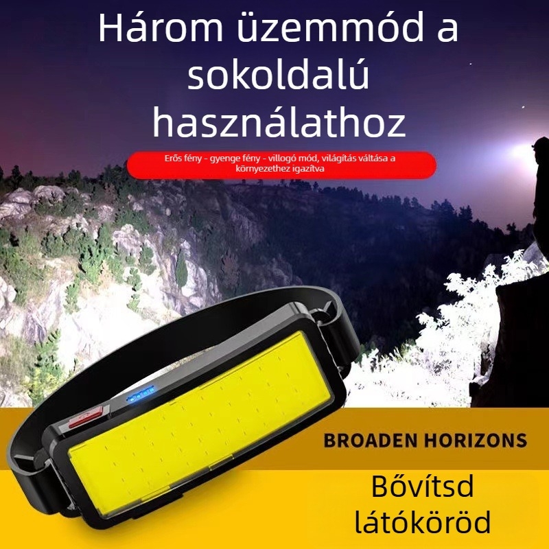 COB LED fejlámpa, 10W, 1200mAh, Type-C töltés, vízálló, hatótáv 200–500 m