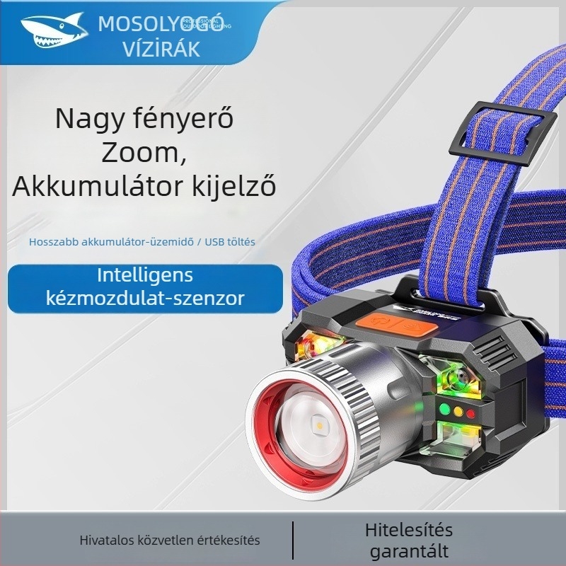Újratölthető LED fejlámpa gesztusérzékeléssel, bányászati fény, 800mAh akkumulátor, Type-C töltés, 100–200 m hatótáv
