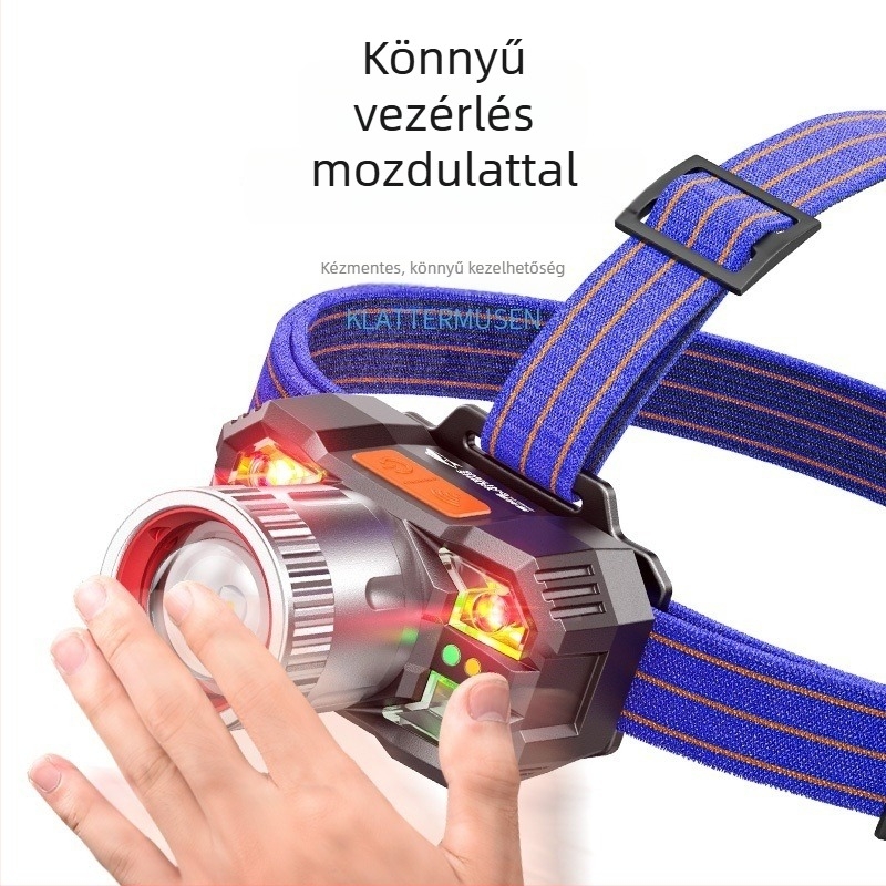 Újratölthető LED fejlámpa gesztusérzékeléssel, bányászati fény, 800mAh akkumulátor, Type-C töltés, 100–200 m hatótáv
