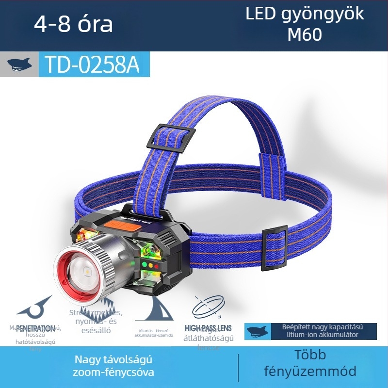 Újratölthető LED fejlámpa gesztusérzékeléssel, bányászati fény, 800mAh akkumulátor, Type-C töltés, 100–200 m hatótáv
