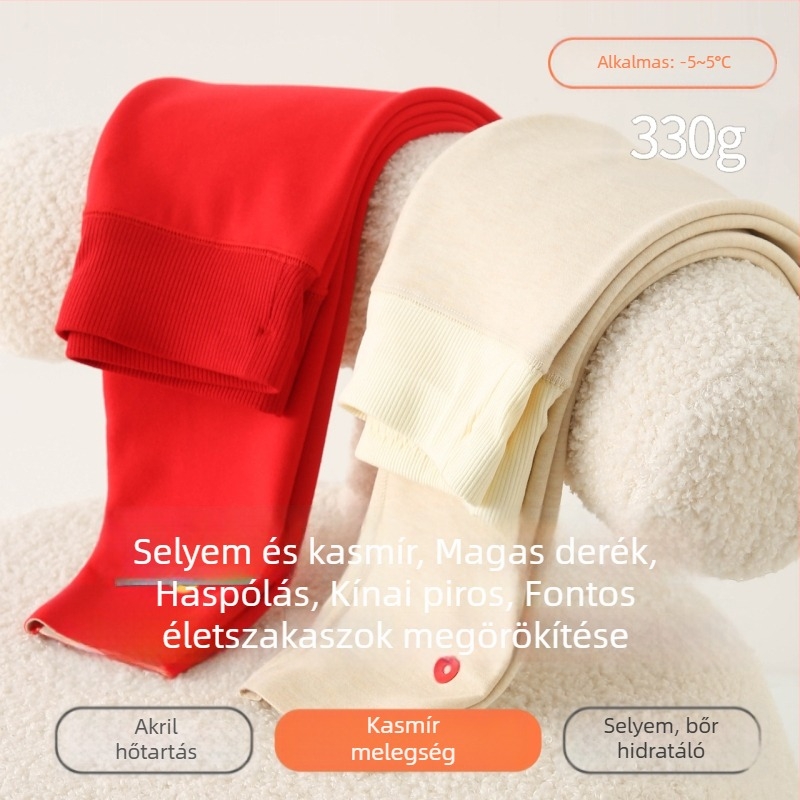 Gyerekeknek készült piros selyem-kasmír keverékű melegítő leggings, magas derekú, téli viselet
