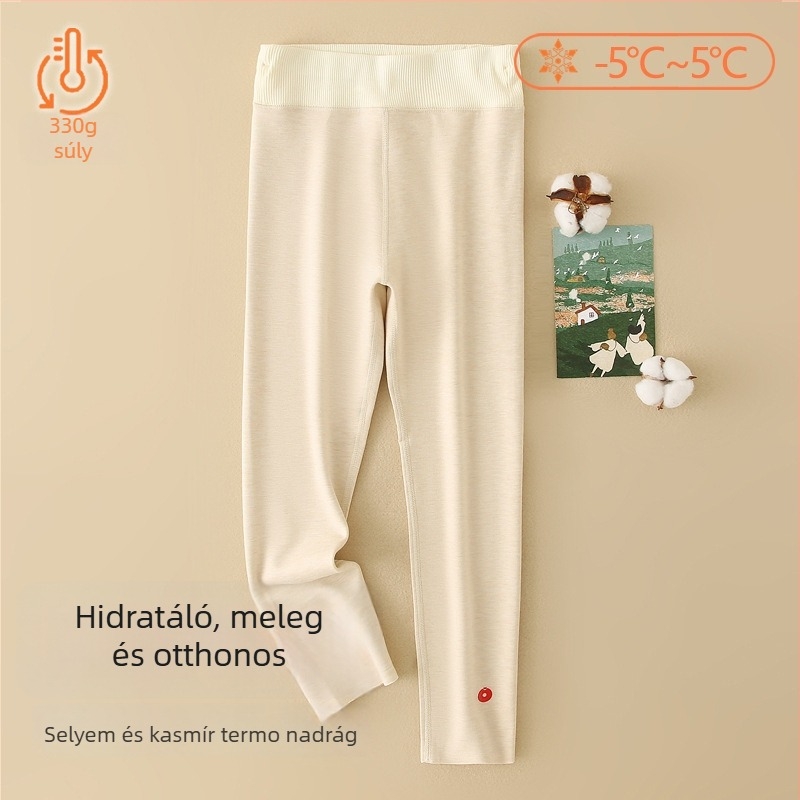 Gyerekeknek készült piros selyem-kasmír keverékű melegítő leggings, magas derekú, téli viselet