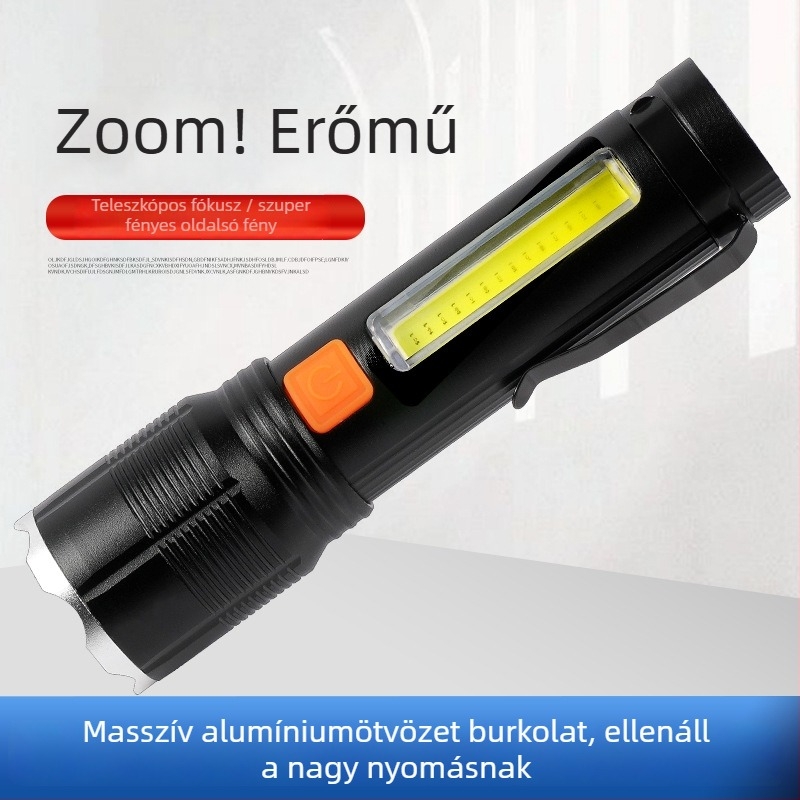COB oldalsó világítással ellátott LED zseblámpa alumíniumötvözet testtel, 1500 lumen, újratölthető töltővel, 360°-os forgás