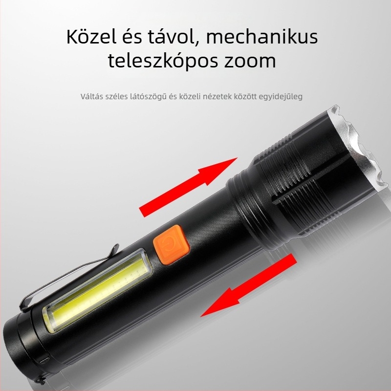 COB oldalsó világítással ellátott LED zseblámpa alumíniumötvözet testtel, 1500 lumen, újratölthető töltővel, 360°-os forgás