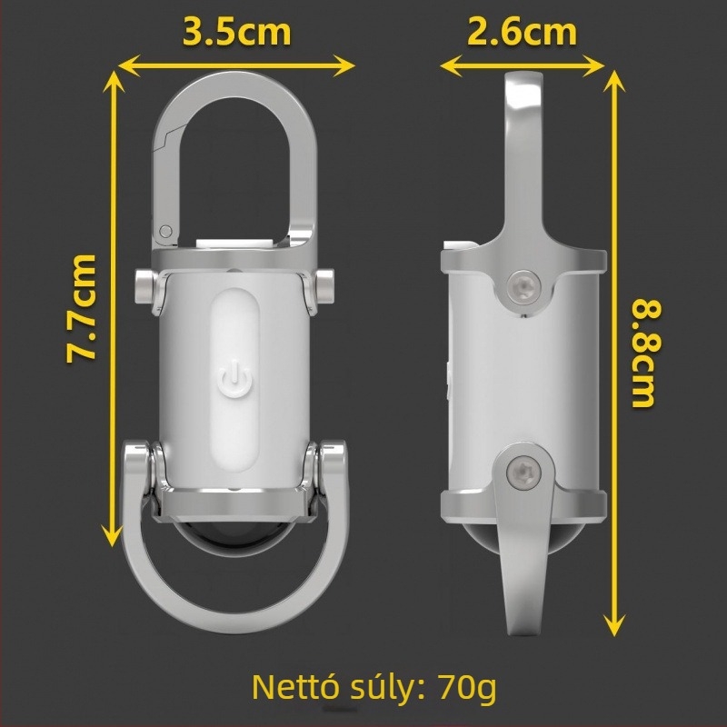 COB kulcstartó mini munkalámpa USB újra tölthető alumínium ötvözet, 1200lm, 1000mAh, 60 perc töltés, 150° fénycsóva, Modell JELS-H