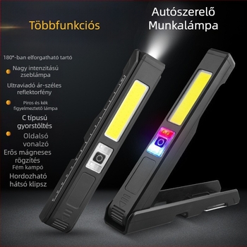 Újratölthető COB LED munkalámpa mágneses kampóval – hordozható vészhelyzeti és otthoni karbantartási világítás