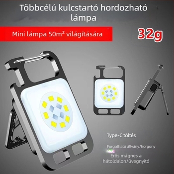 Kulcstartó LED zseblámpa mágneses munkalámpával, hordozható és újratölthető — (300 mAh, kézi működtetés, hatótávolság <50 m)