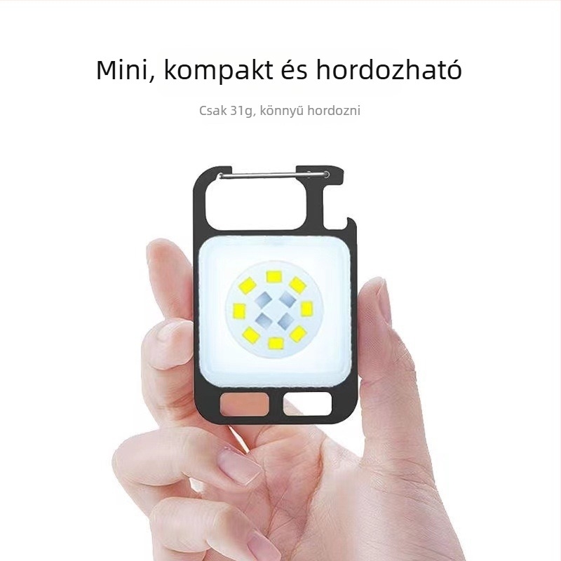 Kulcstartó LED zseblámpa mágneses munkalámpával, hordozható és újratölthető — (300 mAh, kézi működtetés, hatótávolság <50 m)