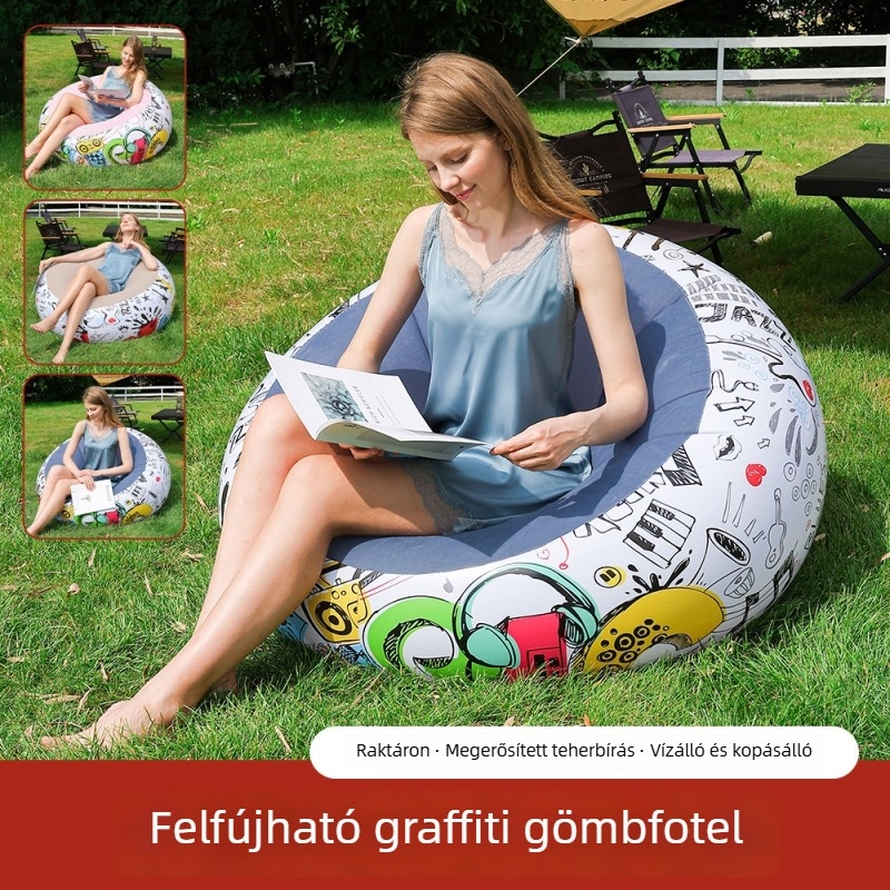 Felfújható lazító fotel graffiti dizájnnal és flockolt felülettel; tömeg 1 kg, teherbírás 150 kg, felfújás módja: kézi pumpa