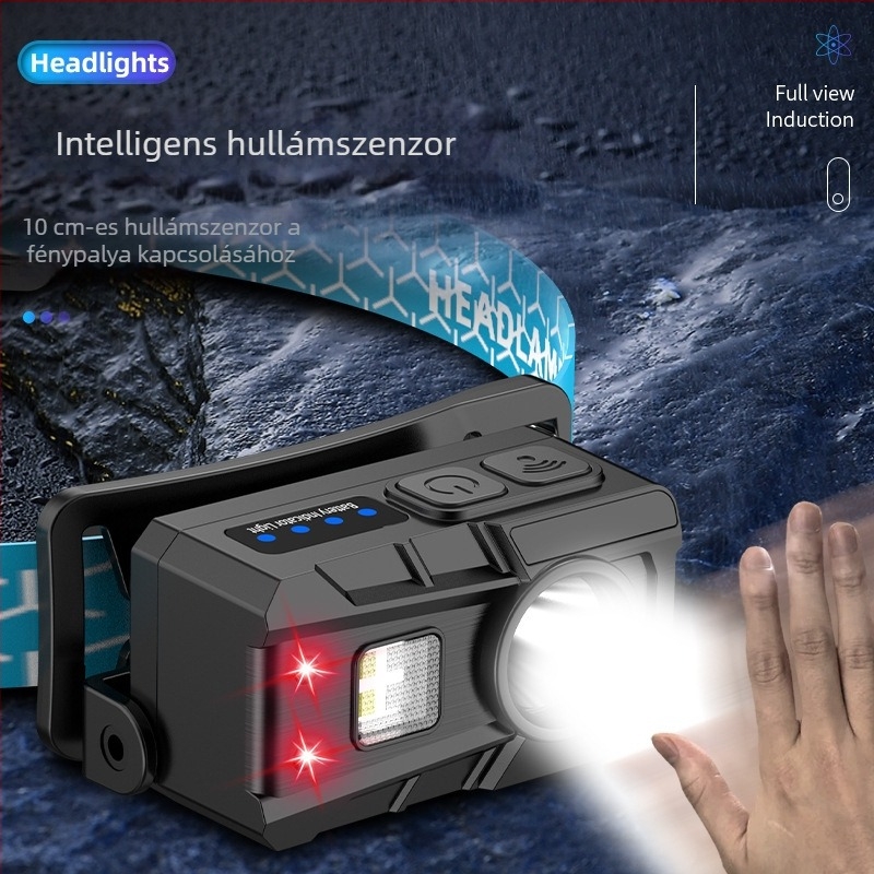 Szenzoros fejlámpa LED 5W, beépített 800 mAh akkumulátor, újratölthető, hatótáv 100–200 m