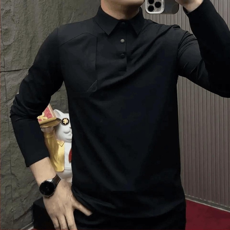Férfi polos ing hosszú ujjú, fekete fleece-béléssel, karcsúsított szabású, őszi-téli üzleti casual stílus