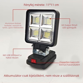 Kültéri munkalámpa univerzális 12–80V bemenettel, 64W magas teljesítményű LED-del, kompatibil Makita akkumulátorral, akkumulátorról működik, szélesfényű flood lámpa