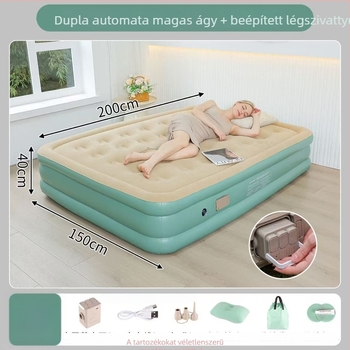 PVC felfújható ágy, magasított és vastag flokkolt felülettel, beépített pumpával, háztartási dupla légmatrac, összecsukható szundikáló matrac