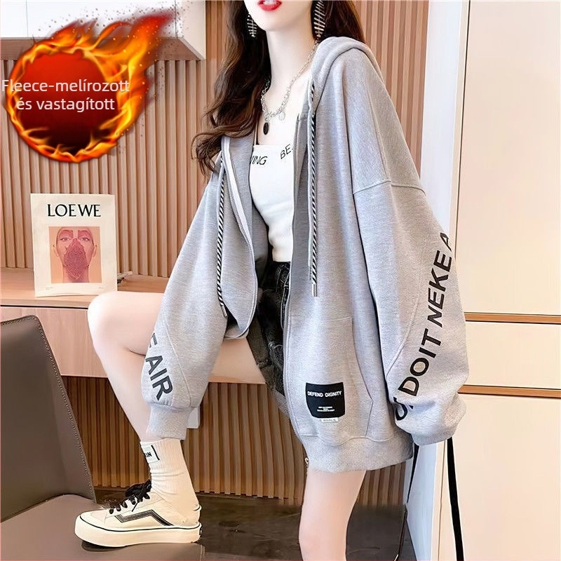 Női kapucnis fleeces kardigán-sweatshirt, laza szabás, középméretű hossz, hosszú ujjú, cipzár, betűs nyomtatás, pamut-poliészter keverék