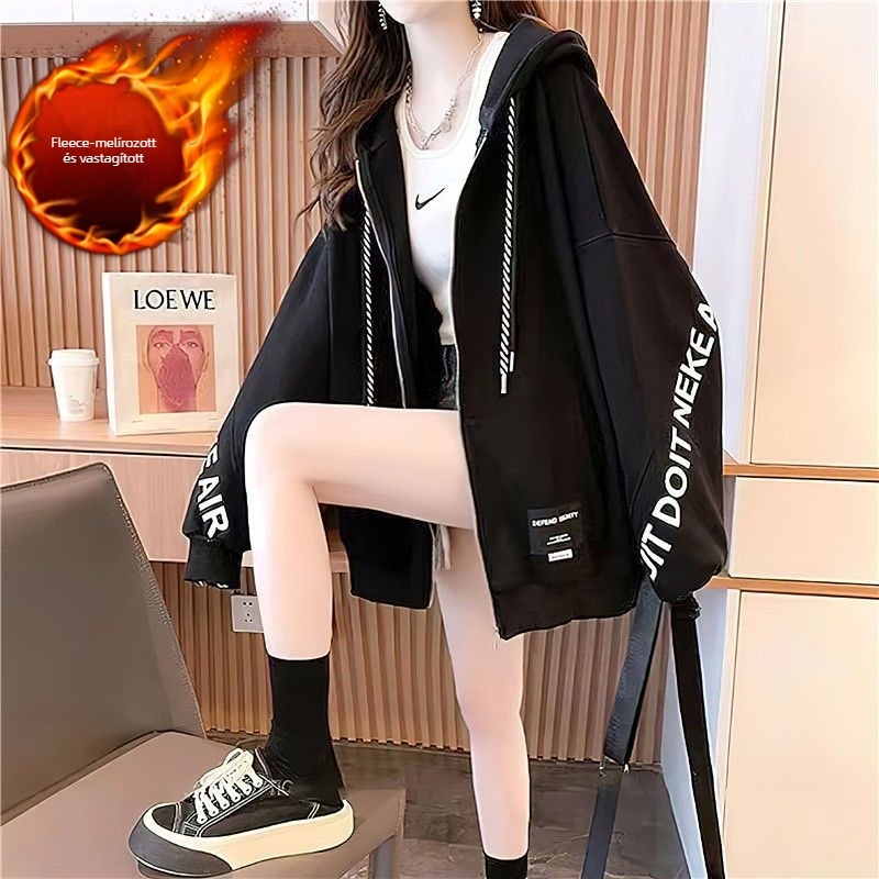 Női kapucnis fleeces kardigán-sweatshirt, laza szabás, középméretű hossz, hosszú ujjú, cipzár, betűs nyomtatás, pamut-poliészter keverék