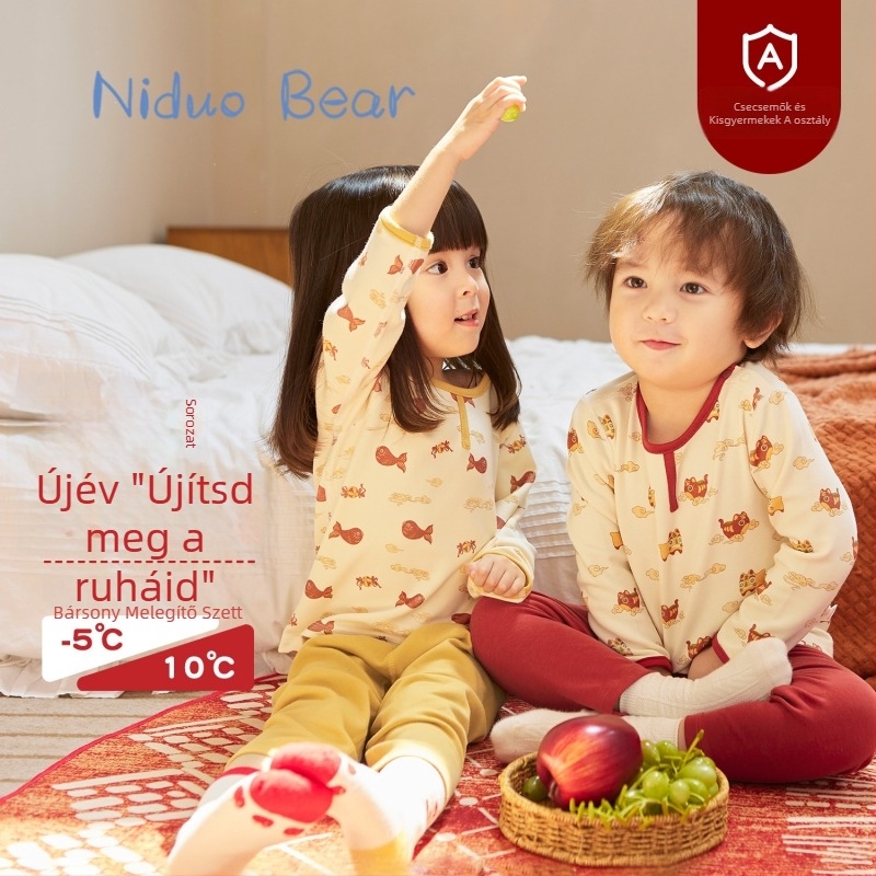 Nido Bear téli gyerekeknek szánt termális alsó-felső készlet — kerek nyakú felső és nadrág, állatmintás, De Velvet anyag, 38% viszkóz