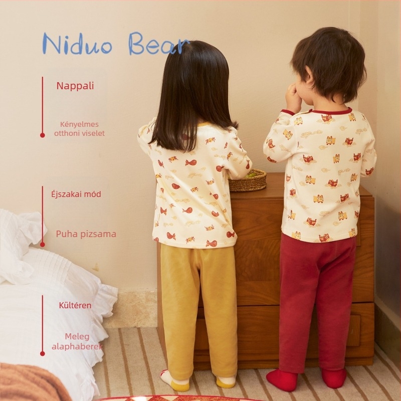 Nido Bear téli gyerekeknek szánt termális alsó-felső készlet — kerek nyakú felső és nadrág, állatmintás, De Velvet anyag, 38% viszkóz