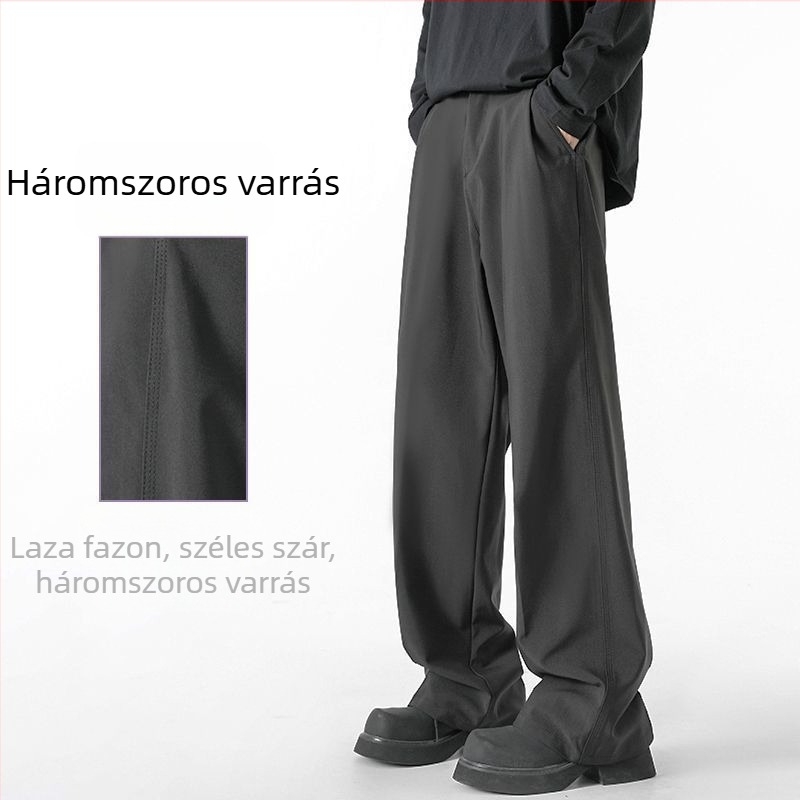 Fekete férfi nadrág, széles szabású, hosszú, a padlóig érő, drapírozott siluettel, elegáns mindennapi viselet, őszi-téli 2025