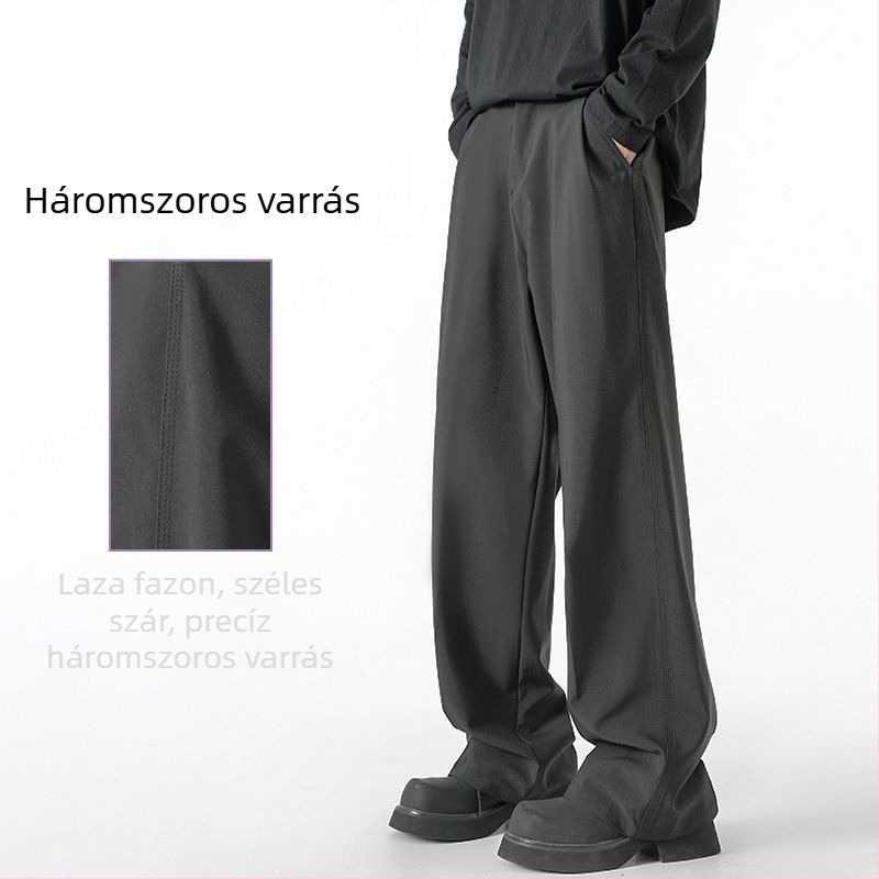 Fekete férfi nadrág, széles szabású, hosszú, a padlóig érő, drapírozott siluettel, elegáns mindennapi viselet, őszi-téli 2025