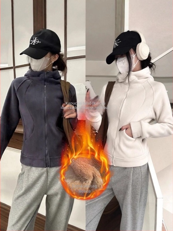 Női extravastag bársonyos kapucnis pulóver, téli slim-fit, dupla oldalú bársony és cipzárral
