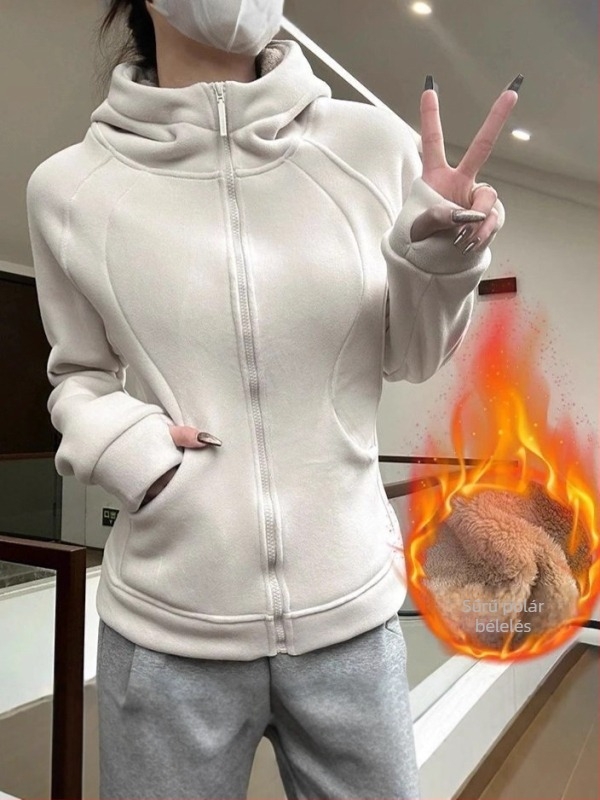 Női extravastag bársonyos kapucnis pulóver, téli slim-fit, dupla oldalú bársony és cipzárral