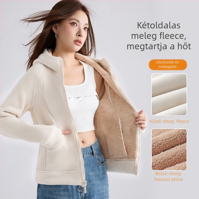 Női extravastag bársonyos kapucnis pulóver, téli slim-fit, dupla oldalú bársony és cipzárral