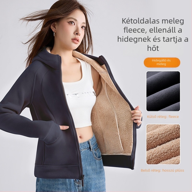 Női extravastag bársonyos kapucnis pulóver, téli slim-fit, dupla oldalú bársony és cipzárral
