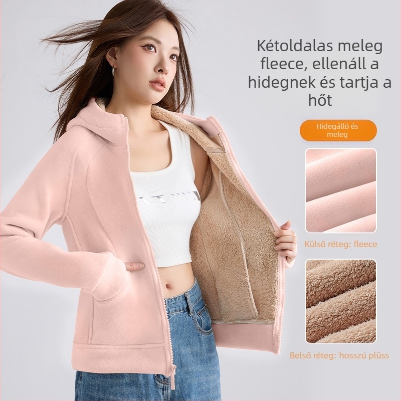 Női extravastag bársonyos kapucnis pulóver, téli slim-fit, dupla oldalú bársony és cipzárral