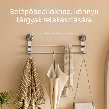 Törölközőtartó vákuumos csatlakozóval – fürdőszobai tároló állvány akasztókkal, kettős használat száraz és nedves törölközőknek; anyag: műanyag és rozsdamentes acél; 60 db/doboz.