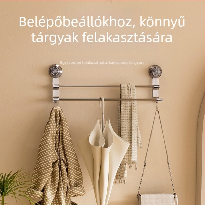 Törölközőtartó vákuumos csatlakozóval – fürdőszobai tároló állvány akasztókkal, kettős használat száraz és nedves törölközőknek; anyag: műanyag és rozsdamentes acél; 60 db/doboz.