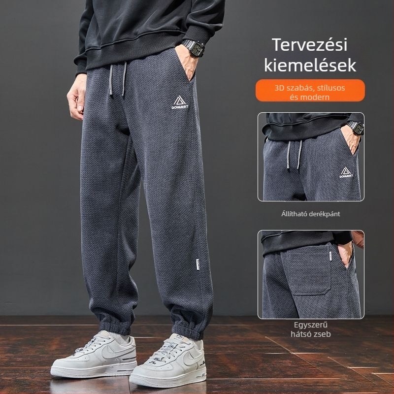 Férfi kötött jogging nadrág télre, egyenes szabású, középső derék, cipzáros zárás, velúr bélés
