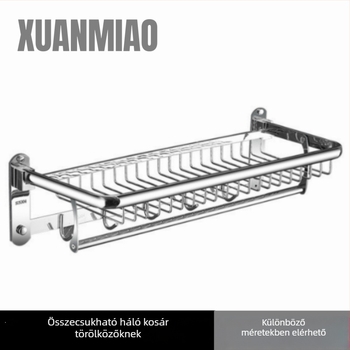 304 rozsdamentes acél fürdőszobai összecsukható hálós tárolópolc, falra szerelhető, két szint, törölközőtartóval