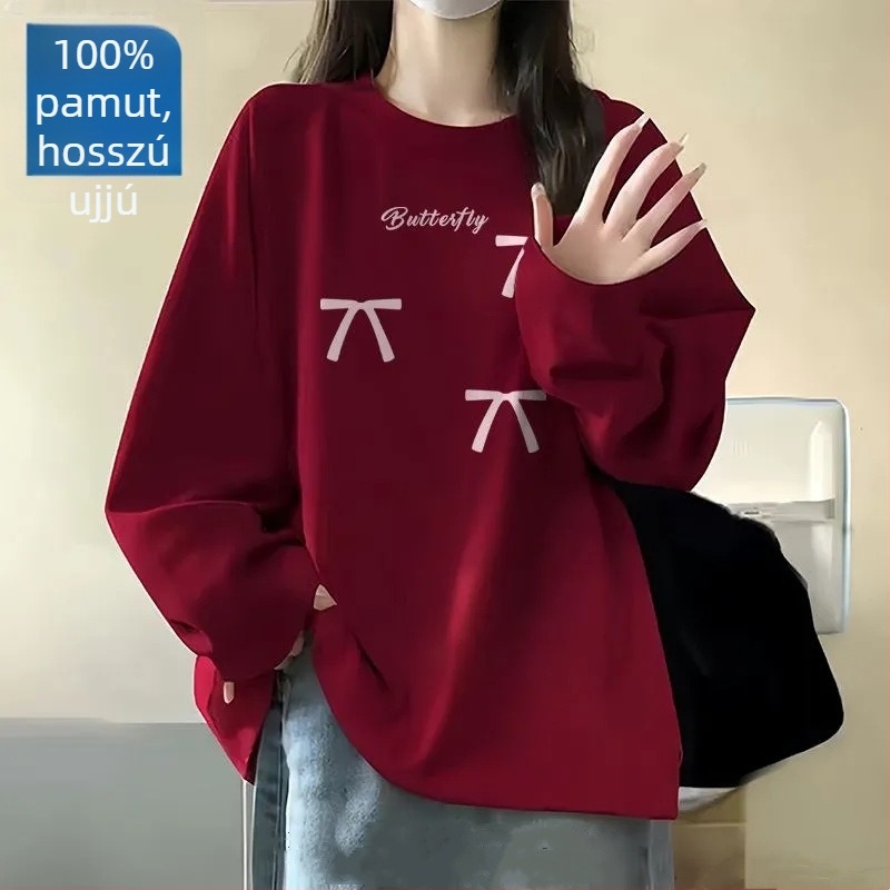 100% pamut hosszú ujjú póló, koreai stílus, laza szabás, tavasz–ősz, kerek nyakú, diákoknak alapdarab