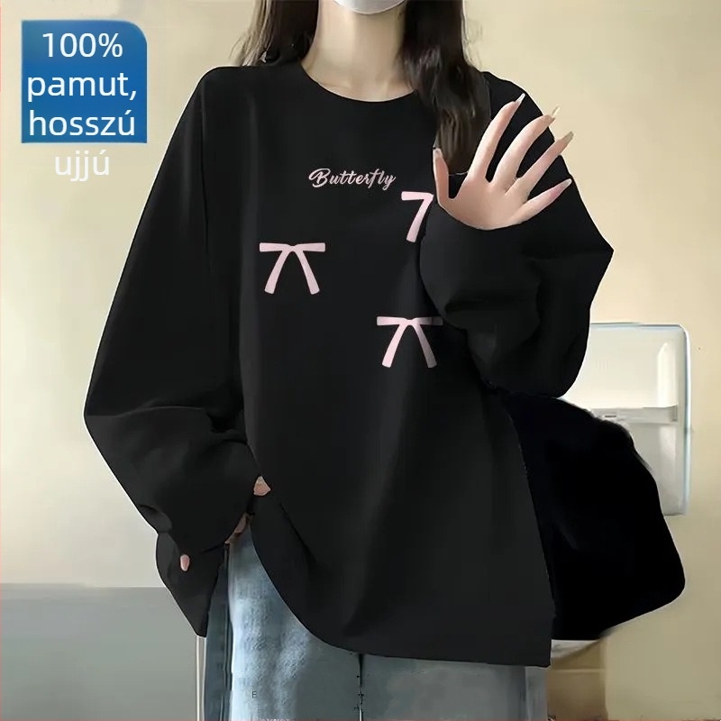 100% pamut hosszú ujjú póló, koreai stílus, laza szabás, tavasz–ősz, kerek nyakú, diákoknak alapdarab