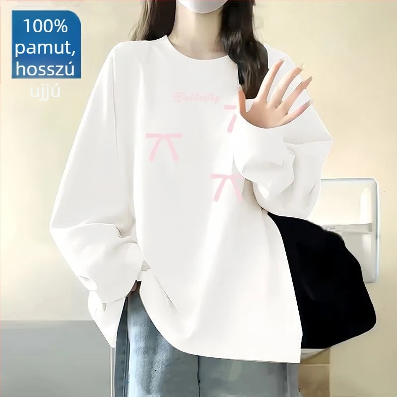 100% pamut hosszú ujjú póló, koreai stílus, laza szabás, tavasz–ősz, kerek nyakú, diákoknak alapdarab