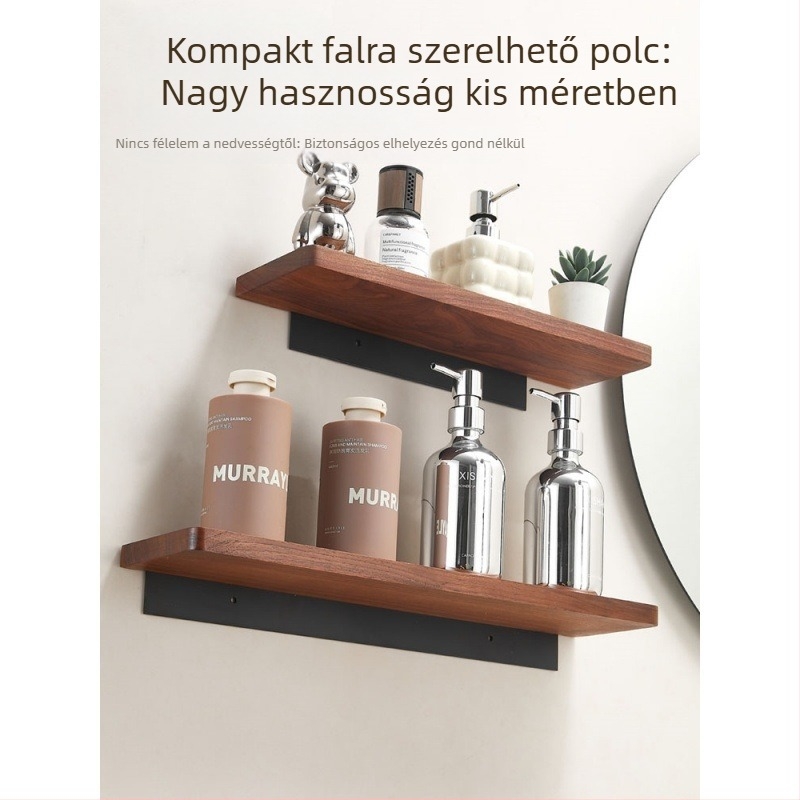 Diófa falra szerelhető tárolópolc, tömörfa fürdőszobai polc, egy polcos, polírozott felület, 5–10 kg teherbírás