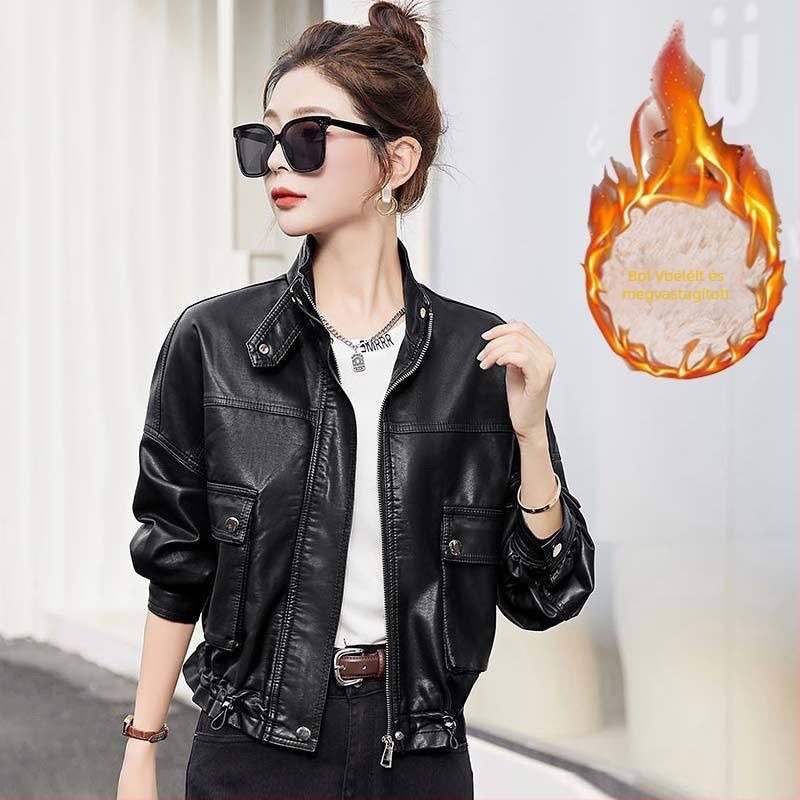 Női bőrdzseki fleece-betéttel, rövid, bikers-stílusú, meleg téli viselet.