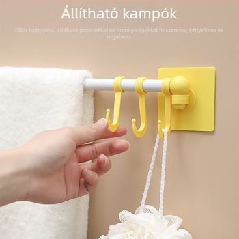 Sarok törölközőtartó, két darabos készlet, 6 kampó, falra szerelhető, fúrás nélkül, injekciós formázású műanyag–vas–PP kivitel