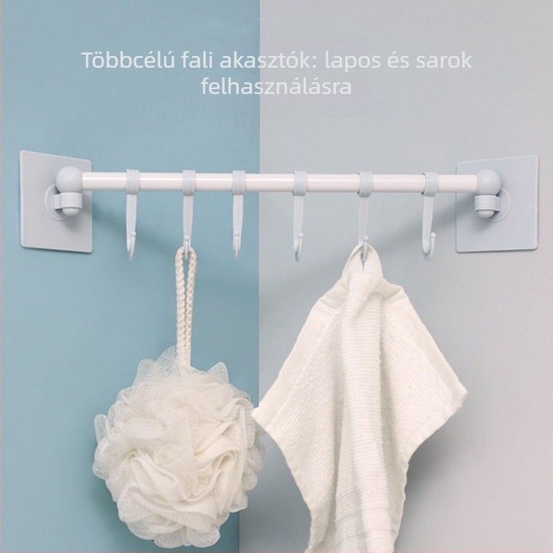 Sarok törölközőtartó, két darabos készlet, 6 kampó, falra szerelhető, fúrás nélkül, injekciós formázású műanyag–vas–PP kivitel