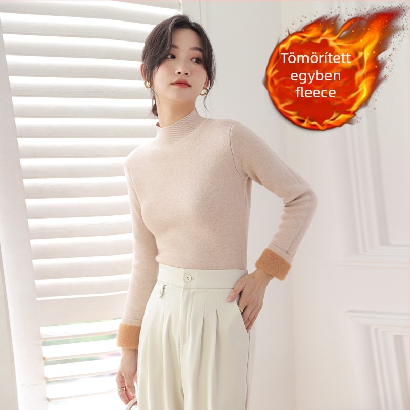 Viszkóz-nylon keverékéből készült pulóver fleece-béléssel, vastag kötés, félmagas gallér, hosszú ujjú