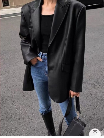 Női PU bőrdzseki öltönykabát-stílusú gallérral, patchwork dizájn, hosszú ujjú, középhosszú — street style, őszi-téli
