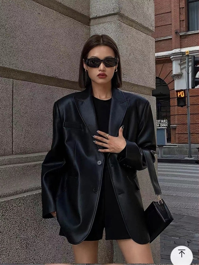 Női PU bőrdzseki öltönykabát-stílusú gallérral, patchwork dizájn, hosszú ujjú, középhosszú — street style, őszi-téli