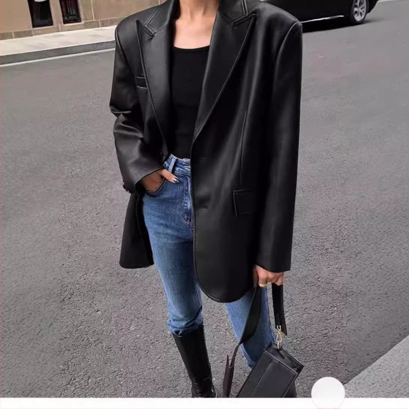 Női PU bőrdzseki öltönykabát-stílusú gallérral, patchwork dizájn, hosszú ujjú, középhosszú — street style, őszi-téli