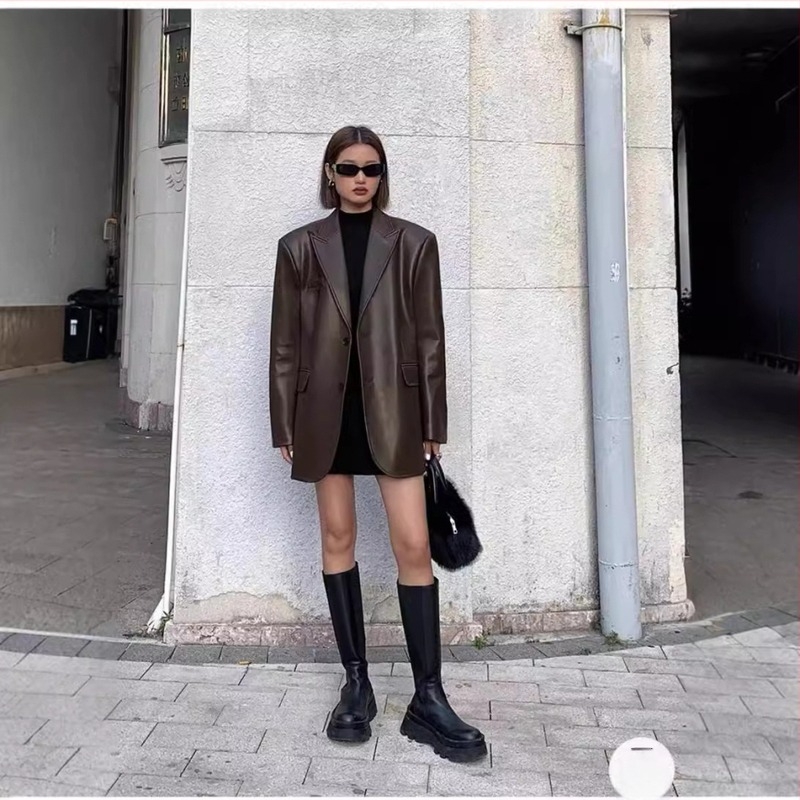 Női PU bőrdzseki öltönykabát-stílusú gallérral, patchwork dizájn, hosszú ujjú, középhosszú — street style, őszi-téli