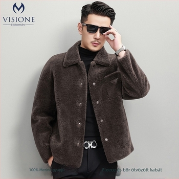 Férfi shearling gyapjú kabát, vastag meleg, egyrészes gombolású, galléros lapel-stílus, oldalsó zsebek, téli viselet