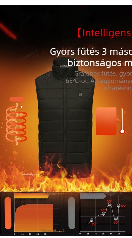 Elektromos fűtésű mellény, USB-tápellátás, állandó hőmérsékletű fűtés, vastag poliészter anyag, uniszex téli mellény