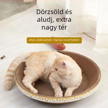 Minden egyben: Macska karmoló tábla és ágy, kopásálló, nem hullik a szőr, ovális forma (hullámkarton)