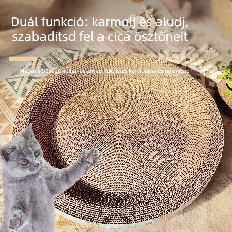 Minden egyben: Macska karmoló tábla és ágy, kopásálló, nem hullik a szőr, ovális forma (hullámkarton)