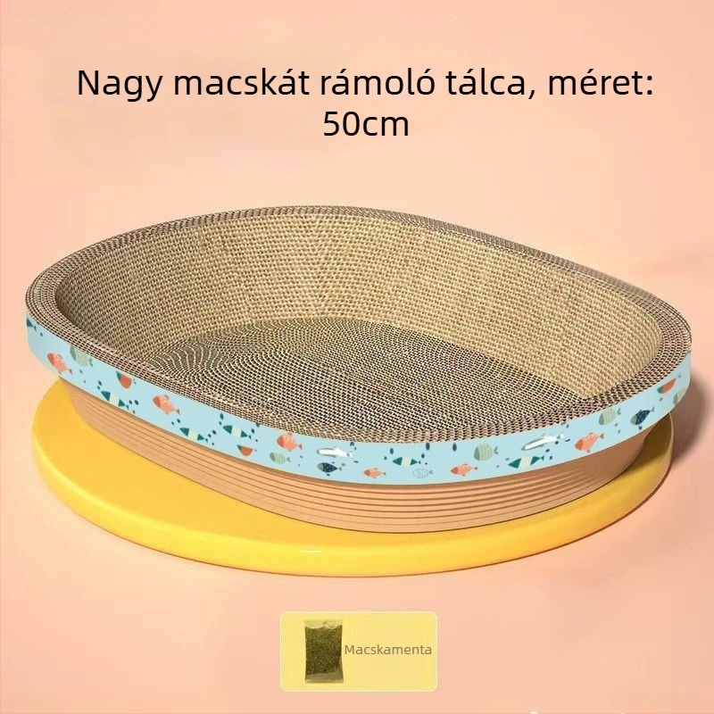Minden egyben: Macska karmoló tábla és ágy, kopásálló, nem hullik a szőr, ovális forma (hullámkarton)