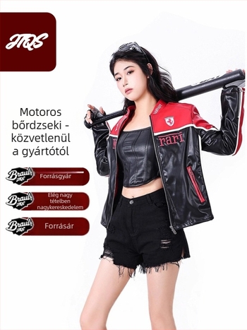 Női PU bőr motorkerékpár kabát hímzéssel, utcai stílus, álló gallér, cipzár, laza szabás